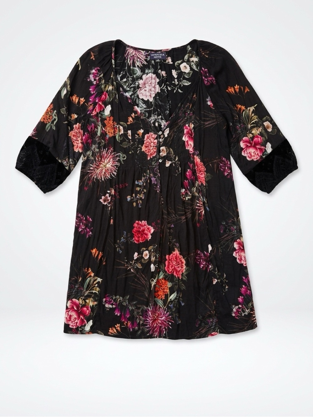 Johnny Was Black Floral V-Neck Tunic with Pink and Orange Flowers
